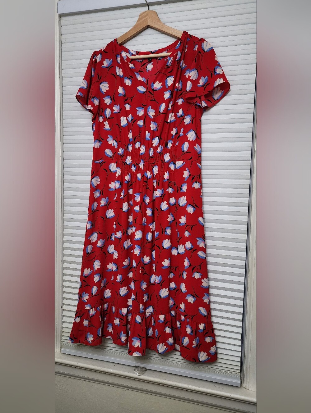 Talbots Size 12 Red Floral Smocked Waist Midi Dress
